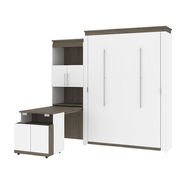 Orion Queen Murphy Bed and Shelving Unit with Fold-Out Desk (95W), White & Walnut Grey